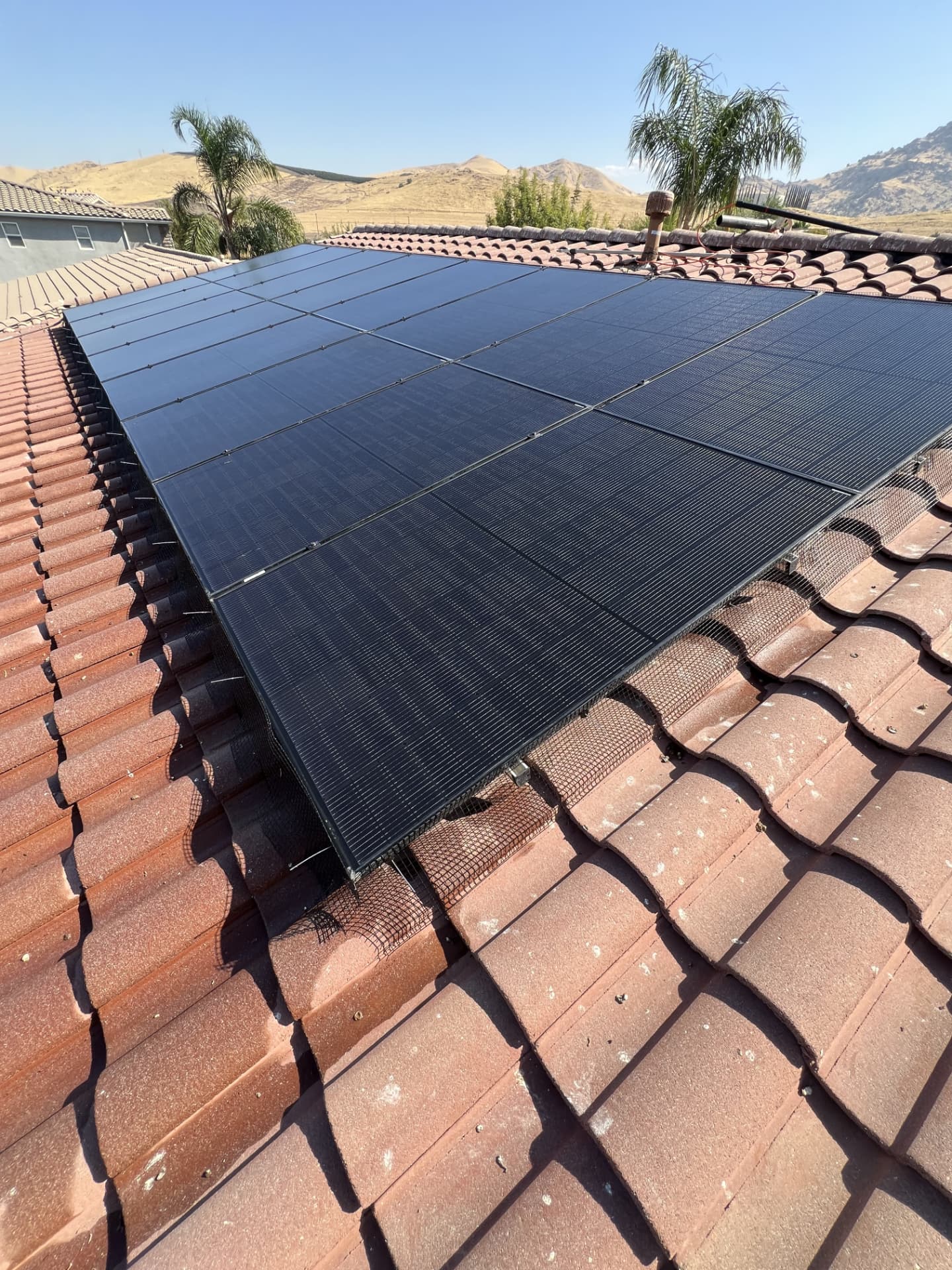 All-black solar array fully wrapped in bird guard mesh on a Spanish tile roof