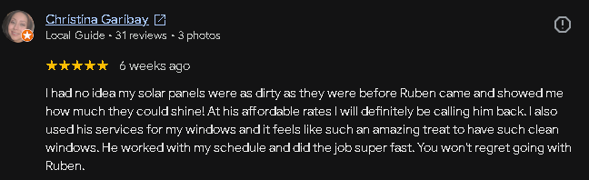 Google review from Christina Garibay for Solar Shine Pros