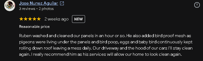 Google review from Jose Nunez Aguilar for Solar Shine Pros