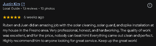 Google review from Justin Kim for Solar Shine Pros